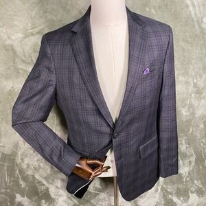 Jos A Bank Sport Coat Mens 39 Slim Wool Plaid Two Button Gray Blue Pocket Square